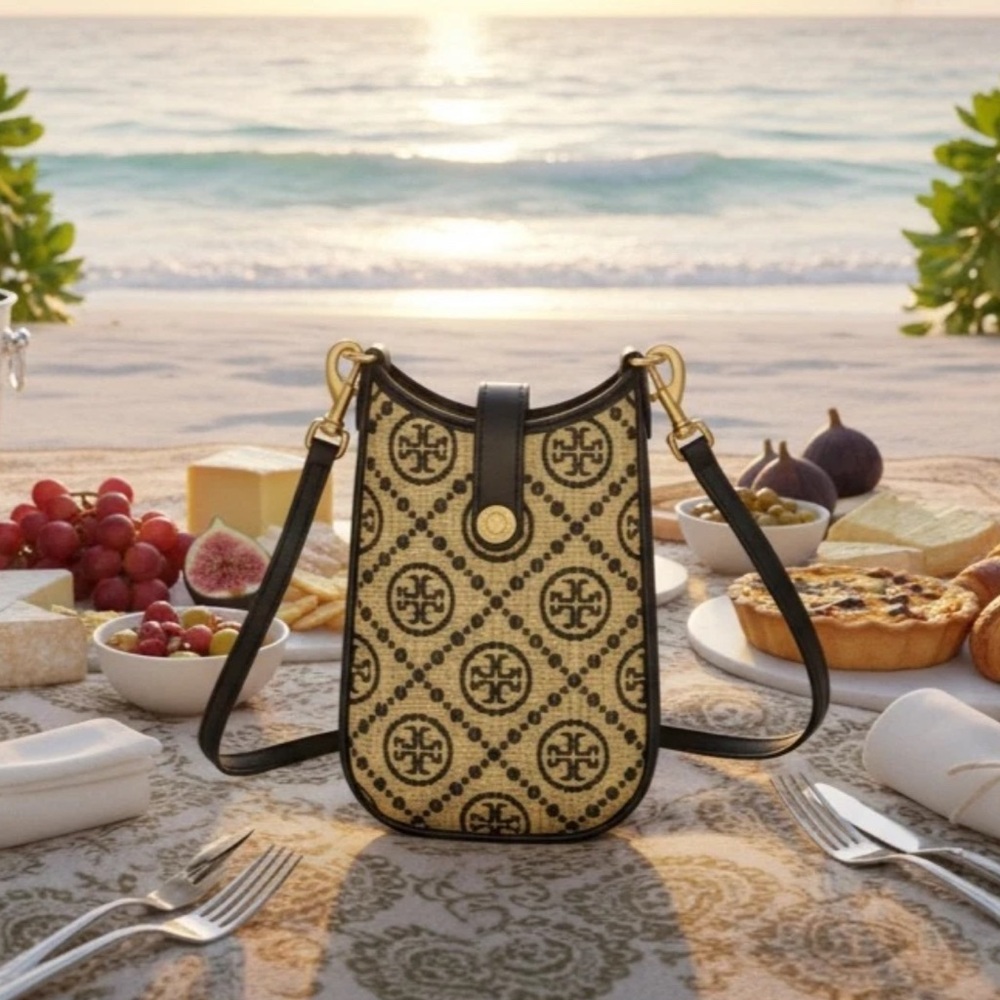 New Tory Burch T Monogram Raffia Natural/Black Small Phone Crossbody Bag